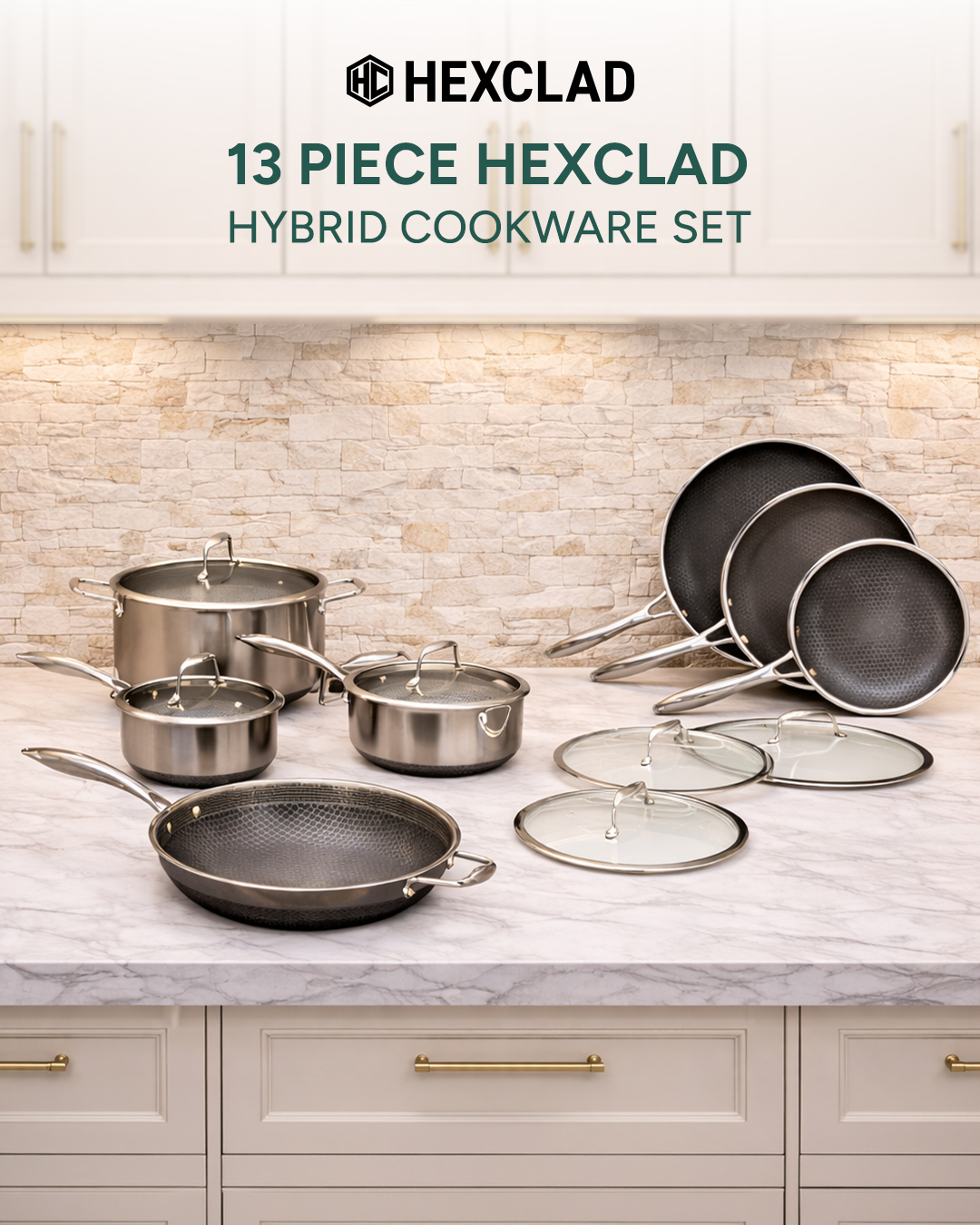 13 Piece HexClad Hybrid Cookware Set with Lids